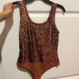 Francesca's Collections Women Sequin Bodysuit in Bronze